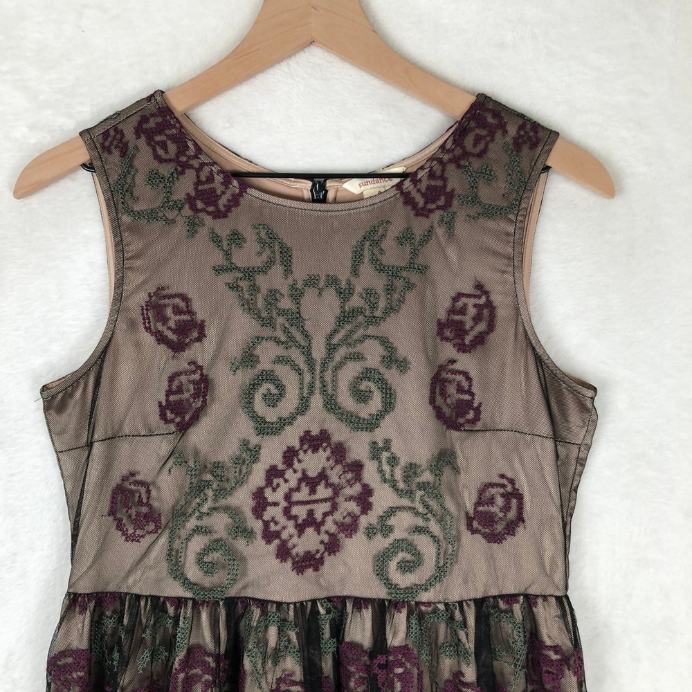 SUNDANCE Embroidered Mesh Fit Flare Midi Dress Sz 4 Tan Green Burgundy Floral - Picture 3 of 13